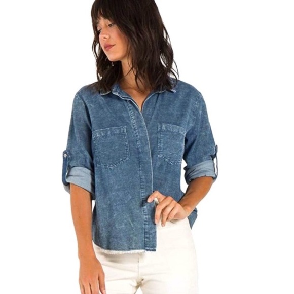 Anthropologie Cloth & Stone Slit Hem Roll Tab Long Sleeve Button Up Blouse - Picture 3 of 11